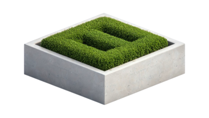 Geometric Garden: An eye-level shot unveils a square concrete planter bursting with vibrant green foliage, showcasing the harmony between natural elements and minimalist design