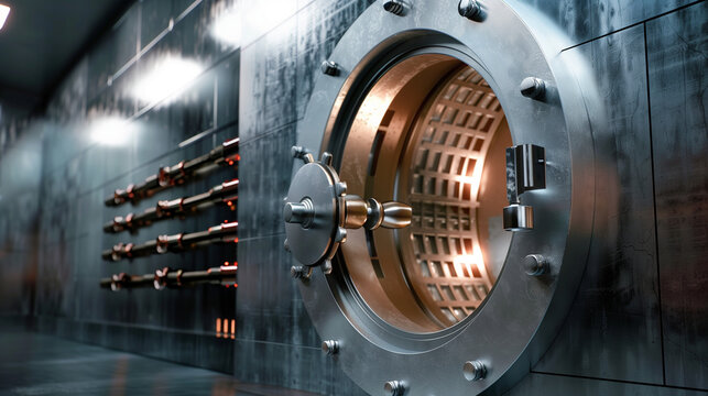"Bank vault door slightly ajar with nothing inside