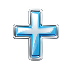 Fototapeta premium Glossy Blue Plus Sign with Chrome Border, Addition Symbol for Healthcare, Mathematics on transparent background