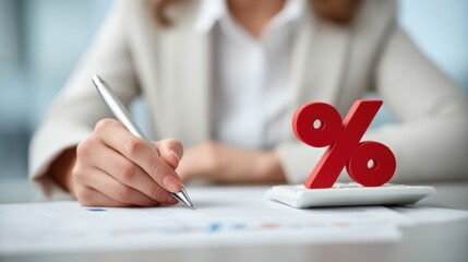 A business professional is reviewing financial documents and taking notes with a pen