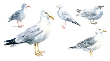 Obraz premium Watercolor illustration of an isolated standing seagull and seagull with stretched wings on a white background. Painting of a sea bird - seagull set