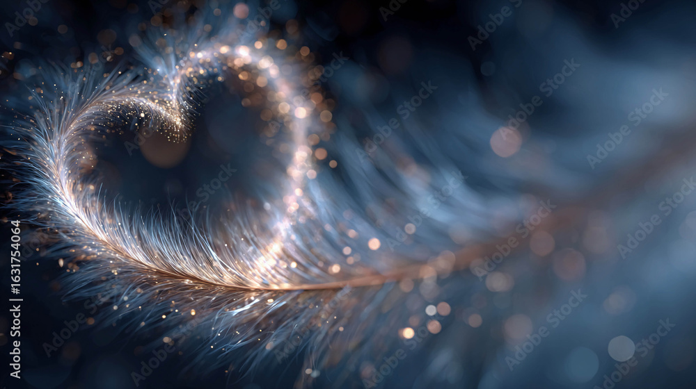 Poster a feather that curves gracefully into a heart shape. it is covered with sparkling particles or dropl