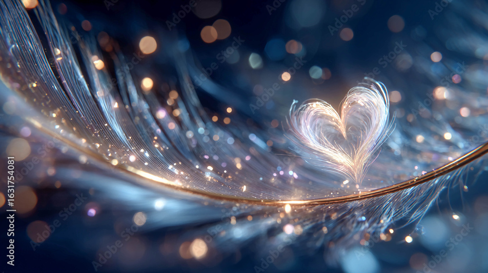 Poster a feather that curves gracefully into a heart shape. it is covered with sparkling particles or dropl