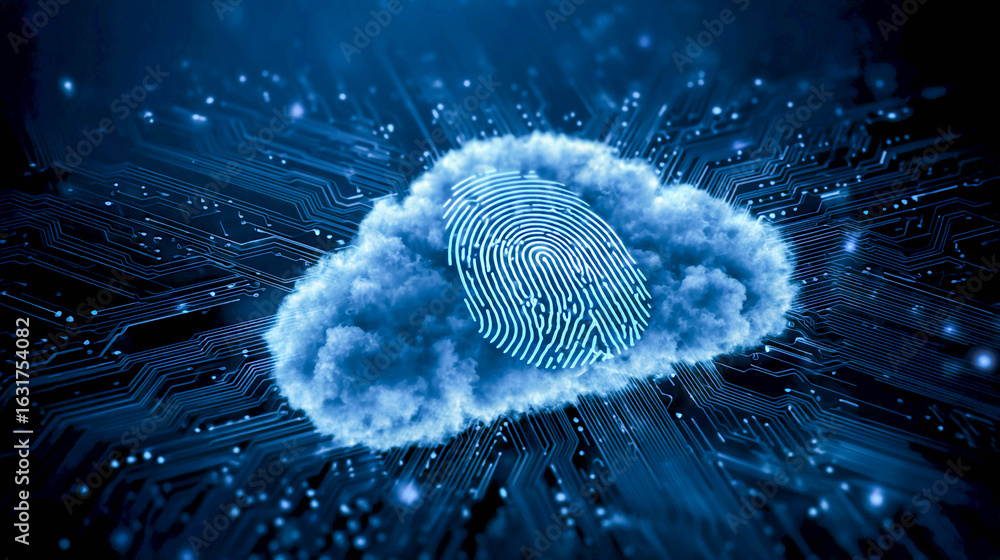 Poster a cloud symbolizing cloud technology or data storage, with a fingerprint inside representing biometr