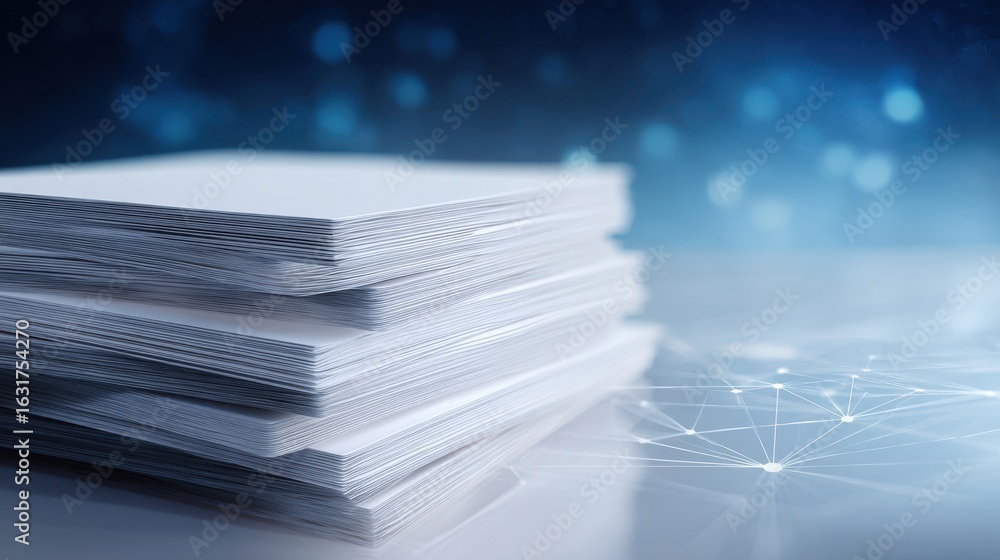 Poster The stack of pristine papers with a blurred digital background and connections.