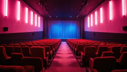 Fototapeta premium Rows of empty red velvet cinema seats face blue curtain stage. Modern auditorium features vertical pink lighting strips, dark walls. Perfect for film, presentation, conference or entertainment events.