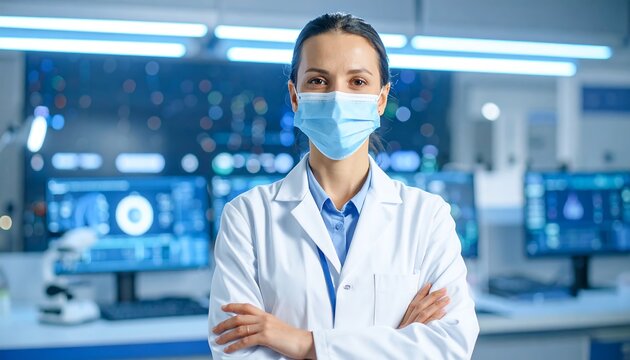 Confident female scientist in lab coat and face mask, arms crossed, modern laboratory backdrop