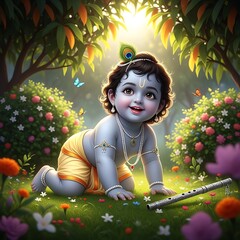 Fototapeta na wymiar Little Krishna is playing in the beautiful garden. 