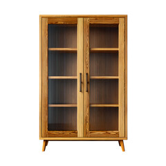 Photorealistic wooden cupboard with glass door inserts, isolated on the transparent background