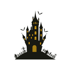 Spooky haunted castle silhouette with glowing windows bats and graveyard on a hill. Perfect for halloween party invitations decorations posters and scary design projects