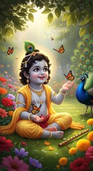 Fototapeta na wymiar Little Krishna is playing in the beautiful garden. 