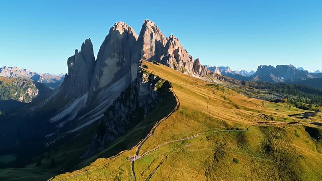Aerial View of Seceda Mountain Peaks Green Meadows and Blue Sky in Italian Dolomites
