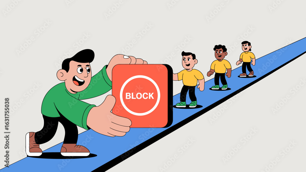 Poster scrum master pushing a block to clear a path for the team vector illustration