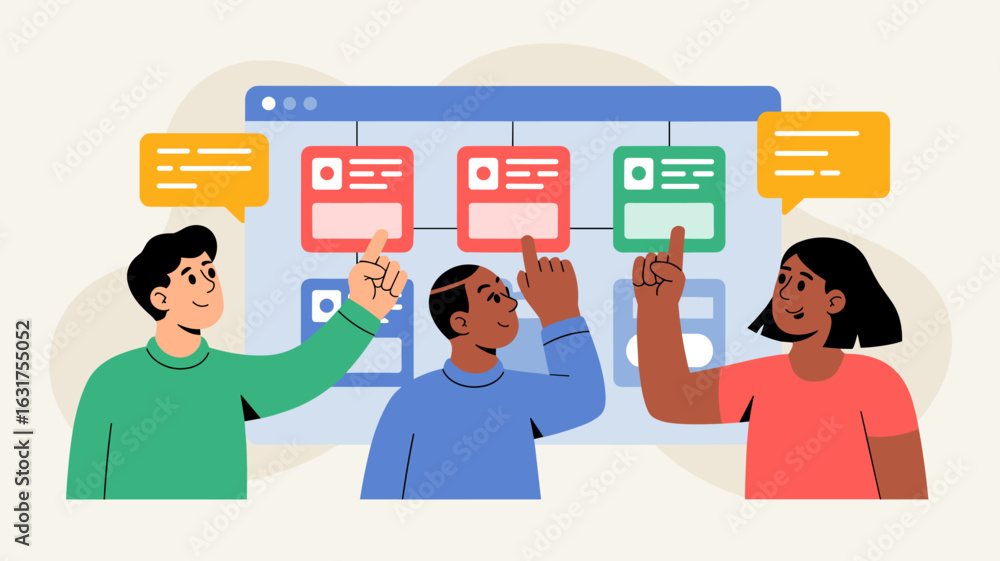 Poster diverse agile team pointing at a kanban board vector illustration, sprint planning and collaborative