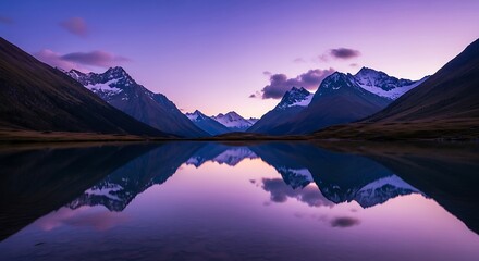 A tranquil lake reflecting snow-capped mountains at dawn.