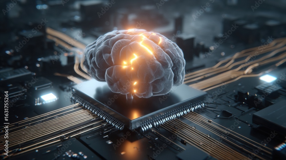Poster artificial intelligence concept depicting a digital brain on a microchip with glowing connections in