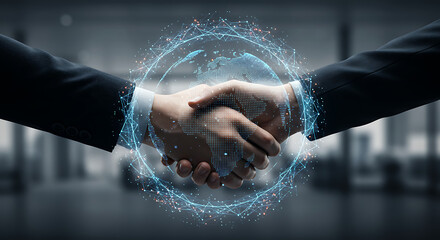 Futuristic Handshake with Glowing Digital Network Ring