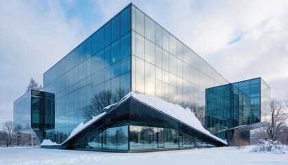 Modern glass building with snow accumulation on sharp edges. Reflecting winter sky, surrounding trees. Sleek, cold, minimalist structure with clean, reflective surfaces, embodying contemporary