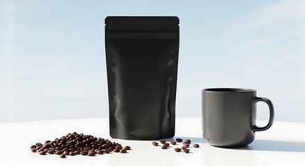 Coffee beans, black bag and mug on white table against a blue sky. Mockup.