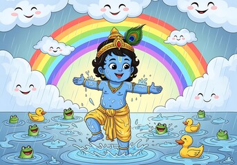 Naklejka premium Lord Krishna is playing in the rain with a rainbow in the sky. 
