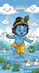 Naklejka premium Lord Krishna is playing in the rain with a rainbow in the sky. 