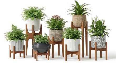 Variety of potted plants on wooden stands.