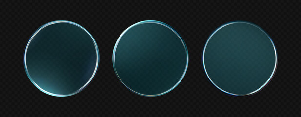 3d liquid glass disc with soft holographic effect isolated on dark background. Render of transparent glass button, podium or mirror with neon gradient texture. 3D vector UI figure for tech interface