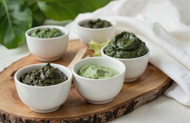 Natural algae, mud body masks in white bowls, green, grey textures. Ideal for spa, skincare, beauty treatments, organic cosmetic products offer relaxation, health benefits for skin, hair.