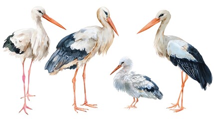 Fototapeta premium Stork white. Realistic bird isolated on white background. Watercolor. Template. Close-up. Clip art. Hand drawn