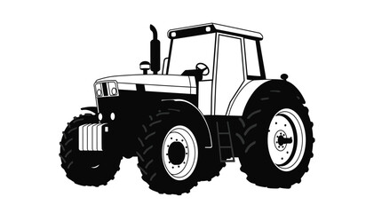 A powerful agricultural tractor with large tires and a detailed cab presented as a striking black and white illustration