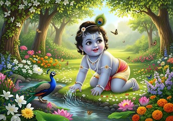 Plakat Little Krishna is playing in the beautiful garden. 