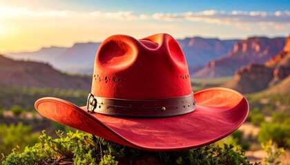 Red cowboy hat rests on desert vegetation against a vibrant sunset and mountain backdrop