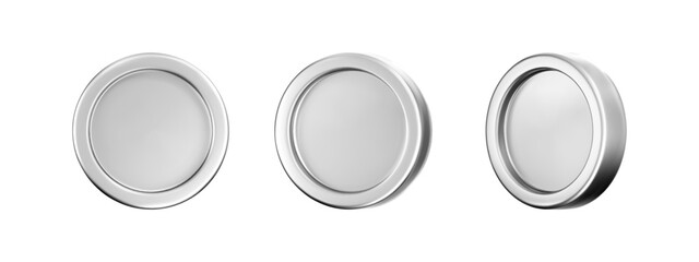 3D silver coin icon set with a chrome metallic effect, isolated. Chrome coins, game token, digital currency icons, silver reward medals. Finance design. 3D vector illustration