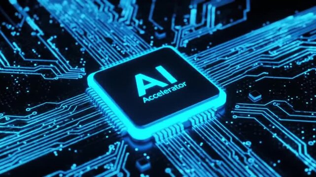 Closeup of a glowing blue ai accelerator chip on a circuit board
