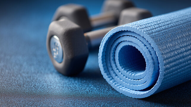 Top view of blue workout gear including a yoga mat and weights, creating a clean and motivating fitness background.

