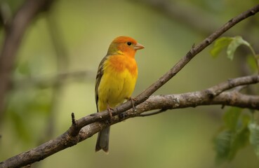 Saffron Finch rests on tree branch in soft twilight. Small songbird displays vibrant yellow plumage contrasted by orange throat, head. Detailed feathers, sharp focus against blurred bokeh background