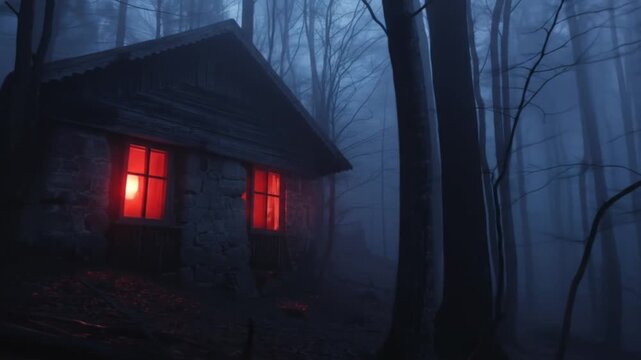 abandoned forest cabin at night with glowing red windows
