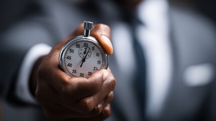 A man dressed in a suit is holding a stopwatch in one hand, focused on timing an event. The setting conveys a sense of urgency and professionalism, ideal for competitions or meetings