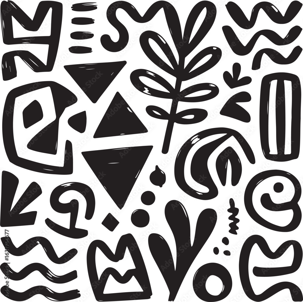 Poster abstract black and white doodle pattern background with geometric shapes and organic elements vector