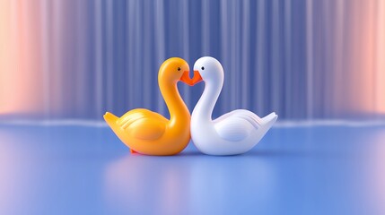 Obraz premium Tender Swans Yellow and White Figurines in Pastel Setting