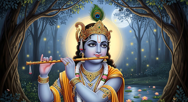 Lord Krishna Playing Flute in Forest Divine Illustration.