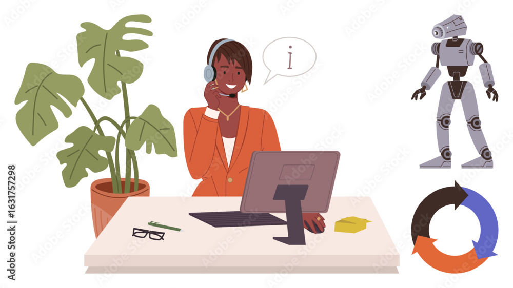 Poster woman using a headset and computer at desk, plant on the side, robot in background, and a cycle diag