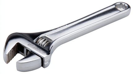 A close-up of a chrome adjustable wrench, showcasing its detailed design, This image is suitable for articles or ads related to tools, hardware, or DIY projects,