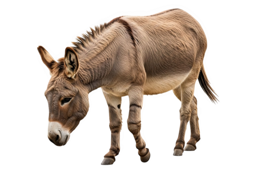 A brown and gray donkey standing with its head down, isolated on transparent background