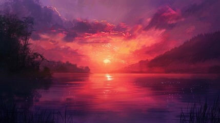 A vibrant sunset over a tranquil lake, with colorful clouds.