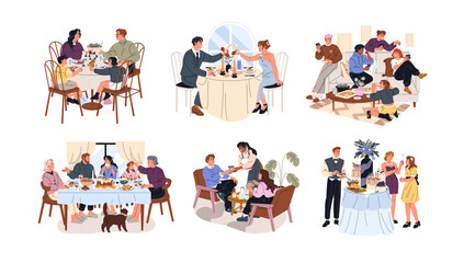 Naklejka premium Set of people eating at the table together. Family with kids has a dinner at home. Friends are meeting at lunch. Couple celebrates in restaurant. Flat isolated vector illustrations on white background