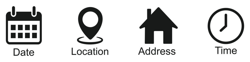 Time, date, location and address icons set. calendar, Clock, location pin, address, home icon set. Vector illustration.