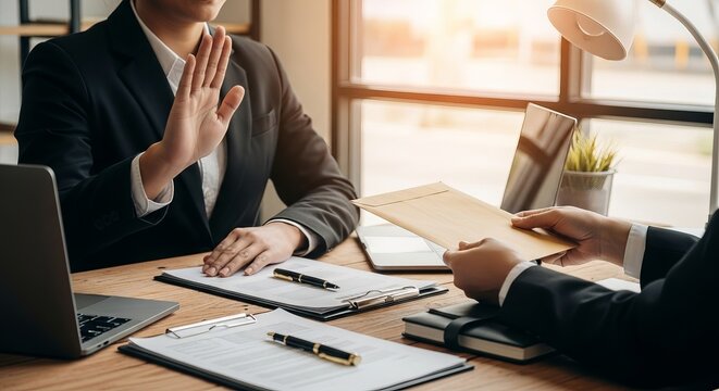 Rejection or bribery scene shows a business proposal turned down in a meeting setting