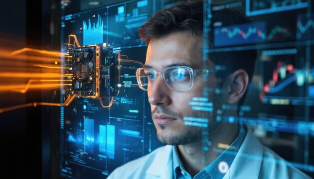 Scientist works with quantum computing for financial simulations in lab. Quantum processors, financial data visible on screens show faster, accurate analysis. High-tech style, quality image with - Powered by Adobe