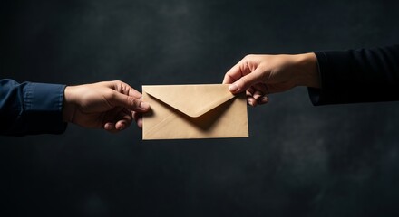 Two hands exchanging a kraft paper envelope against a dark, textured background, softly illuminated.